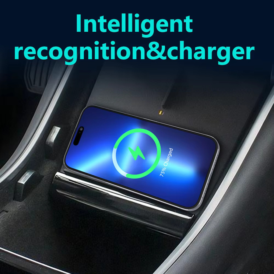 Icreative Drahtloses Dual-Telefon-Autoladegerät für Tesla Model 3 2017–2020, 15 W Schnellladepad mit USB-Anschlüssen, Qi-kompatibel, Schwarz - Bild 4