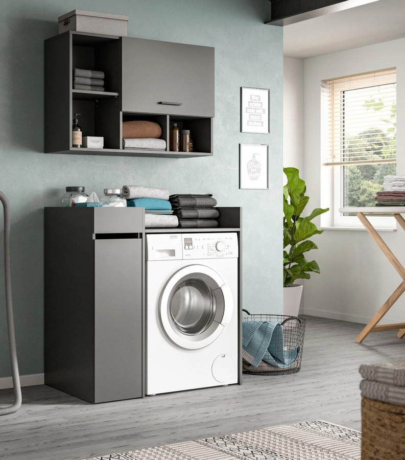 Waschmaschinenumbau Set Flexy in Grau, moderner Schrank mit Soft-Close-Türen und Regalfächern, B/H: 95 x 195 cm - Bild 2