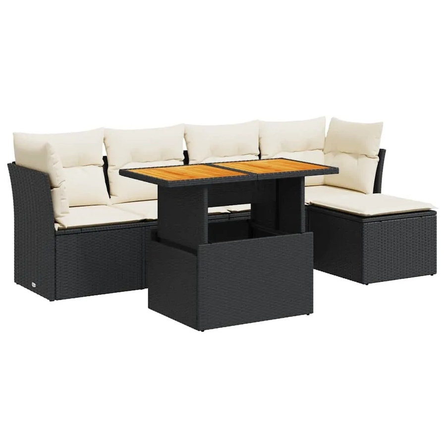 vidaXL 6-teilige Garten-Sofagarnitur aus Poly-Rattan und Akazienholz in Schwarz-Creme mit Kissen - Bild 2