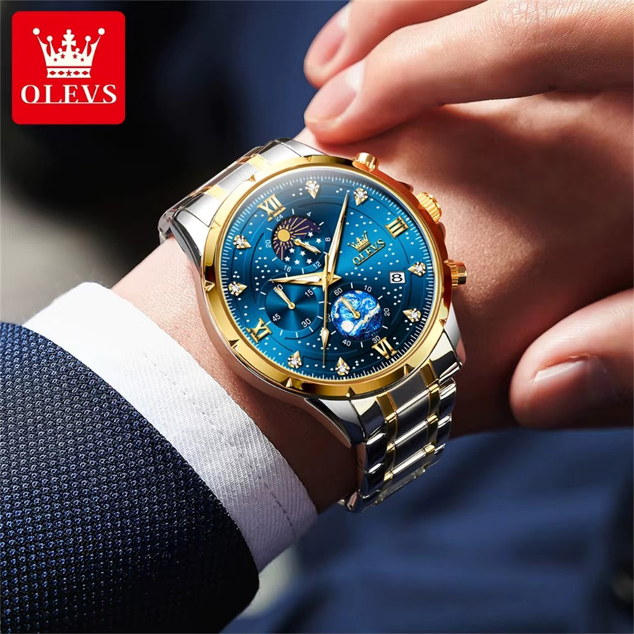 OLEVS Chronograph, Quarz, Edelstahl, Blau, Herren - Bild 2