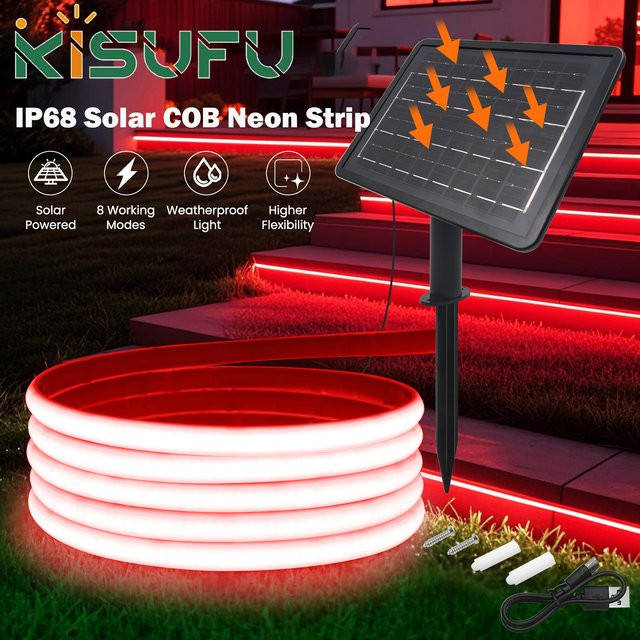 KISUFU Solar COB Neon-Streifen IP68 Wasserdicht Dimmbares Flexibles LED Bandlicht für Garten in Rot, Gelb, Blau oder Weiß - Bild 1