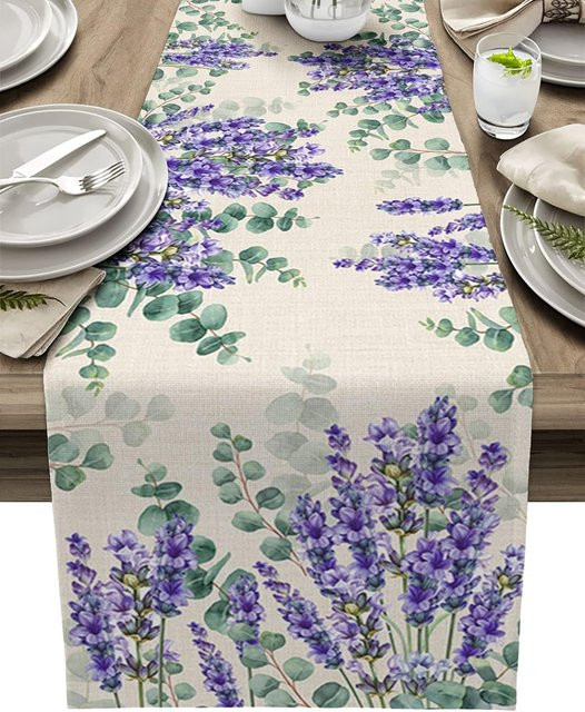 JINGYUE Pet Leinen Tischläufer mit Eukalyptusblättern und Lavendelblüten in Weiß und Multicolour, B/H: 33 x 150 cm - Bild 1