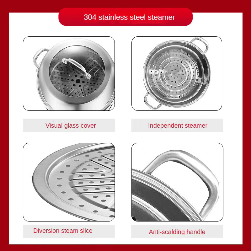 BAIJL Dreistufiger Dampfgarer aus Edelstahl 304 in Silber, mehrschichtiger Doppelboden-Topf für Induktionsherd und Gas, Höhe: 40,5 cm, Breite: 37,0 cm - Bild 2
