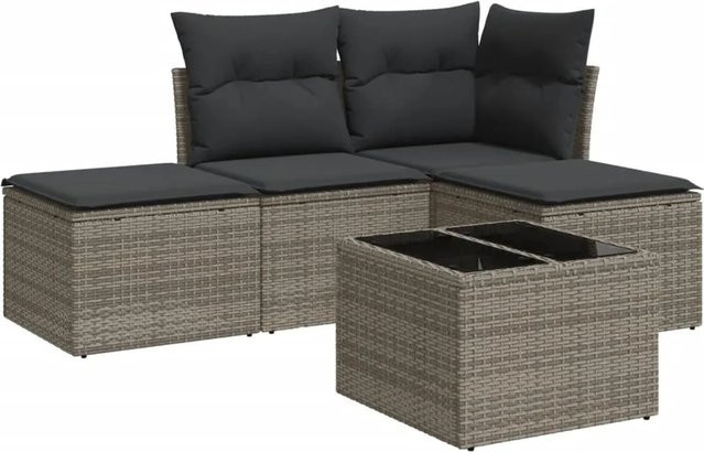 vidaXL 5-tlg Garten-Sofagarnitur L-Form aus Poly-Rattan in Grau mit wetterfesten Kissen - Bild 1