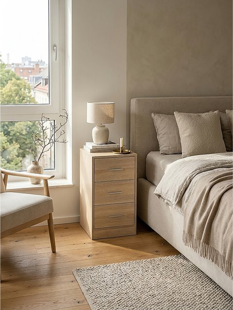 Nachttisch FOGGIA von KADIMA DESIGN aus Holz mit 3 Schubladen in Braun und Beige, B/T/H: 38 x 35 x 68 cm - Bild 1