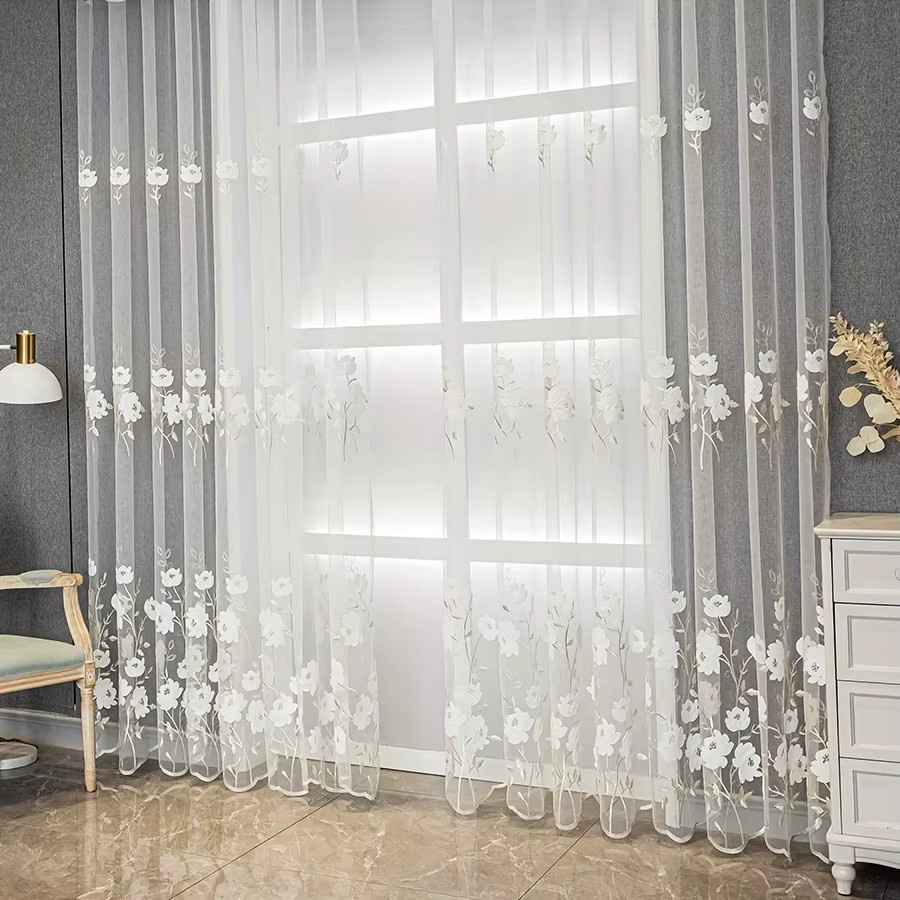 CENTURyMiG Transparenter Schleier-Vorhang mit floraler Stickerei in Weiß, UV-Schutz für Wohnzimmer und Schlafzimmer, B: 100 cm, H: 200 cm - Bild 2