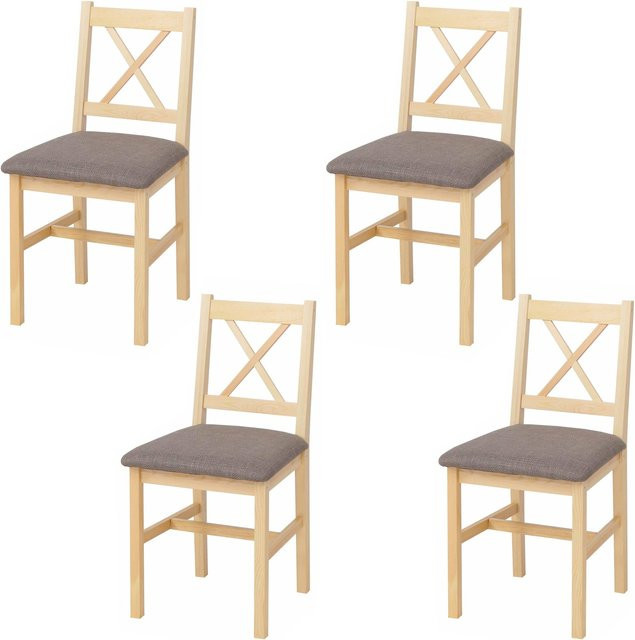 4er-Set Esszimmerstühle MCW-F77 im Landhausstil aus Massivholz mit grauer Stoffpolsterung in Natur - Bild 1