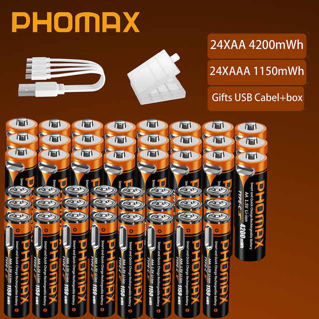 PHOMAX 1,5 V Lithium-Ionen-Akkus AA und AAA mit USB Typ-C Anschluss, 4200 mWh und 1150 mWh für Fernbedienungen und Spielzeug - Bild 1