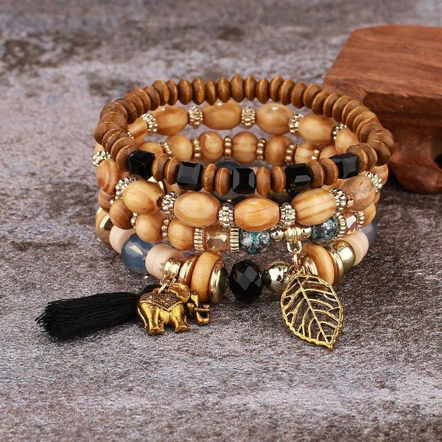 Armband, Holzperlen, Elefantenbaby-Anhänger, Schwarz, Damen - Bild 1