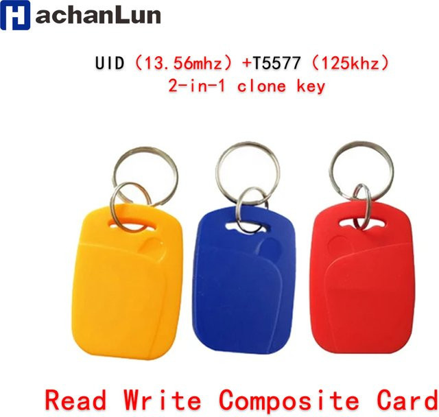 10 Stück HACHANLUN 2 in 1 Dual Chip RFID Keyfob in Gelb, wiederbeschreibbare Verbund Access Control Schlüssel Tags mit T5577/125 kHz und UID/13,56 MHz - Bild 1
