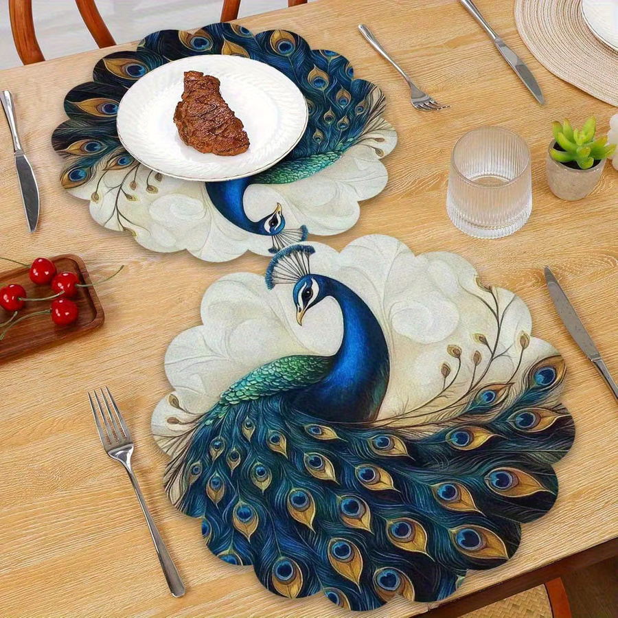 VIKAMA 4er-Set Platzsets aus Leinen mit Pfauenfeder-Design in Blau Grün Gold, rund, Durchmesser: 38 cm - Bild 4