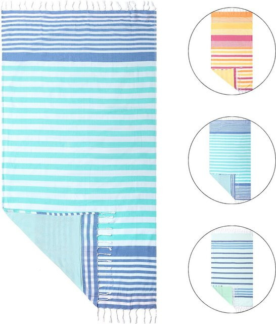 YEUZLICOTTON Strandtuch aus 100% Baumwolle mit Quaste, gestreift, blau, B/H: 90 x 180 cm - Bild 1