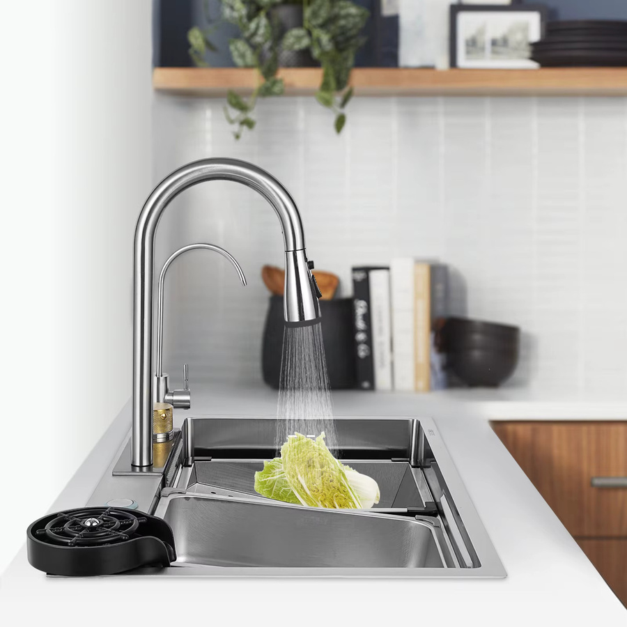 Bymaocar Küchenspüle in Silber mit Wasserhahn-Becherwascher und 4-Wasserauslassmodi - Bild 3
