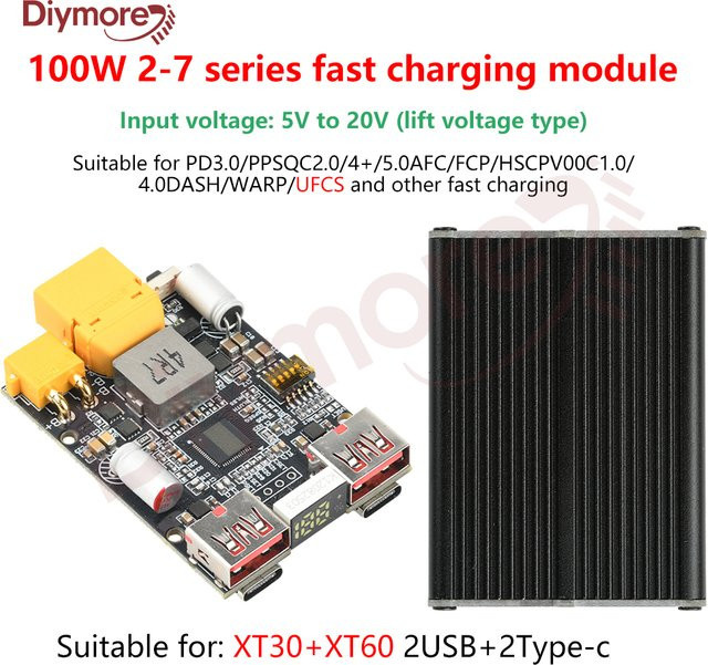 diymore Schnelles Batterielademodul 100W PD Decoy Lithium-Batterieladegerät Unterstützung PD2.0/3.0/3.1 PPS FCP QC2.0/3.0/3.0+ SCP DC 5-20V 2-7S - Bild 1