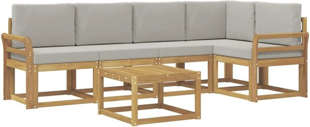 vidaXL Outdoor-Sofagarnitur 6-teilig in L-Form aus Akazienholz mit Polstern in Weiß und Hellgrau - Bild 1