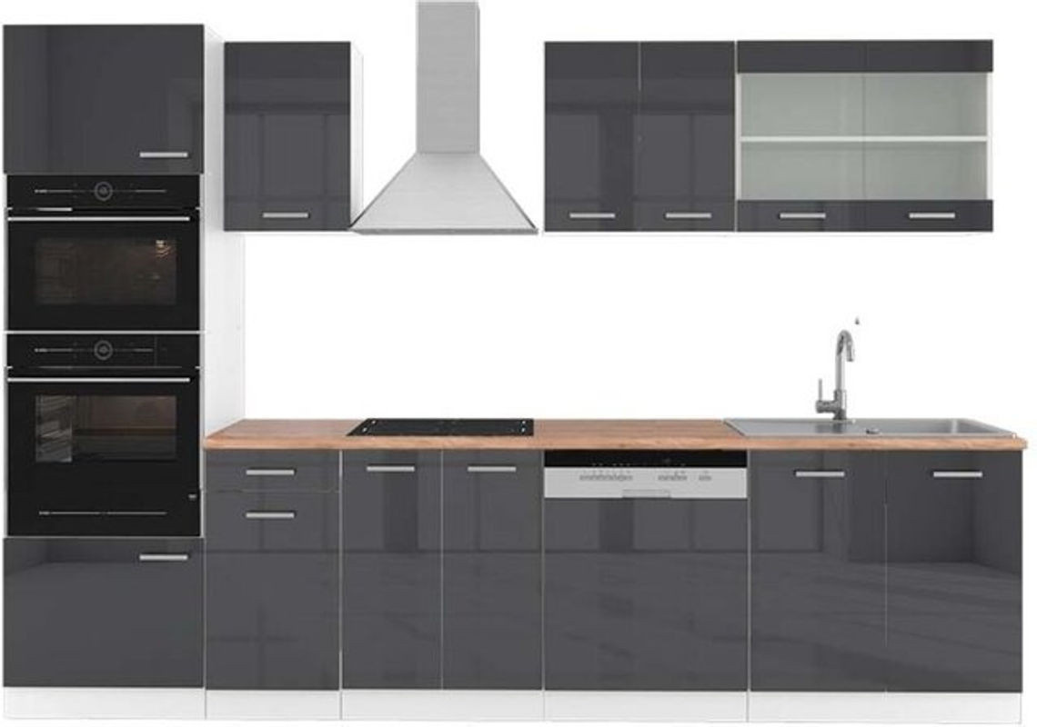 Vicco Küchenzeile R-Line in Anthrazit Hochglanz und Weiß mit Hochschrank und Eiche Optik, Breite: 300 cm - Bild 1