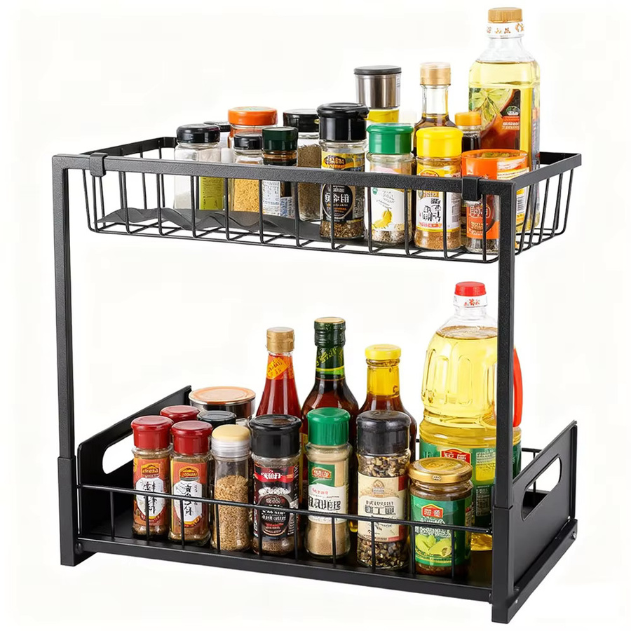 LONENESSL Ausziehbares 2-stöckiges Unterschrank-Organizer-Regal in Schwarz, Mehrzweck-Gewürzregal für Küche und Bad, Breite: 28,0 cm, Tiefe: 36,0 cm - Bild 5