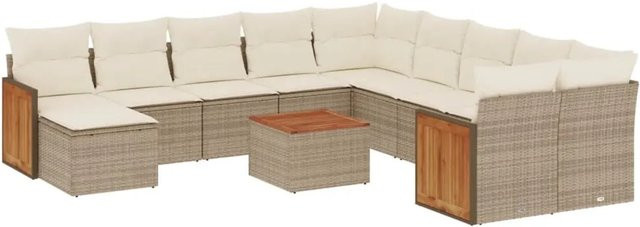 vidaXL 12-teilige Garten-Sofagarnitur aus Poly-Rattan und Akazienholz in Beige-Creme mit Kissen - Bild 1