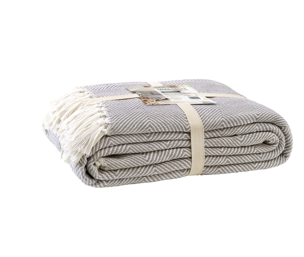 Hahn Plaid Wohndecke Tagesdecke mit Fransen aus Baumwolle in Sand Beige und Grau B/B: 220 x 250 cm - Bild 1