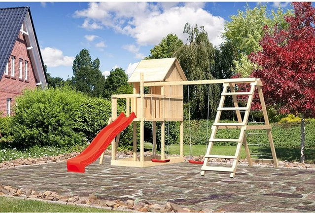 Karibu Kinderspielhaus Frieda Set mit Anbau, Klettergerüst und Rutsche in Natur und Rot - Bild 1