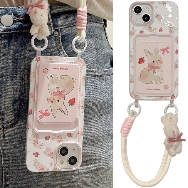 Silikon Handyhülle mit Erdbeer-Kaninchen-Design und hängendem Seil für Apple iPhone 15 14 13 12 11 Pro Max Plus X XS XR - Bild 1
