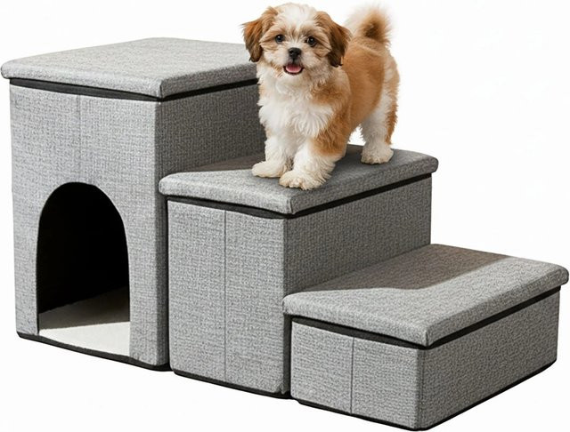 Relaxdays Hundetreppe aus MDF in Hellgrau mit 3 Stufen, faltbar und rutschfest, B/T/H: 75 x 43 x 33 cm - Bild 1