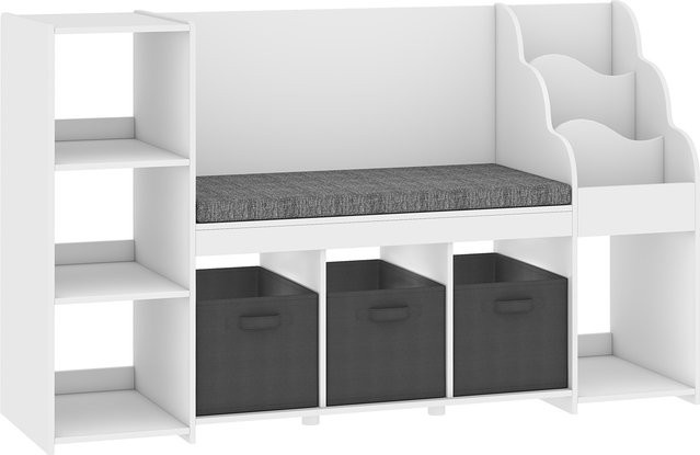 AIYAPLAY Montessori Spielregal aus Holz für Kinder mit 3 Stoffschubladen und 4 Fächern, Weiß, B/T/H: 137 x 40 x 80 cm - Bild 1