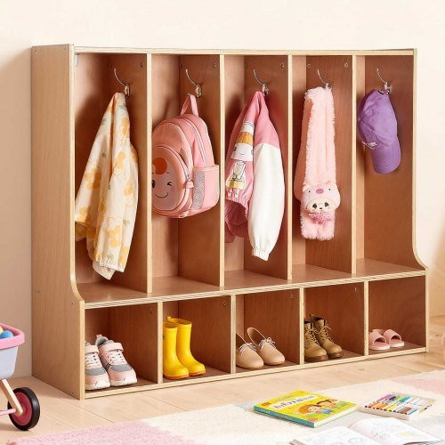 VEVOR Kinder Garderobenregal aus Sperrholz mit 5 Fächern und 10 Haken in Braun, Moderner Aufbewahrungsorganisator für Kindergarten und Zuhause - Bild 1