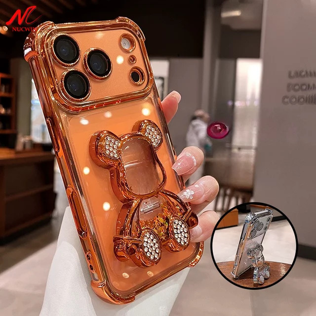 NUCWIN Glitzer Quicksand Bären Schutzhülle mit Ständer für iPhone 11 bis iPhone 17 Pro Max Plus in Schwarz - Bild 1