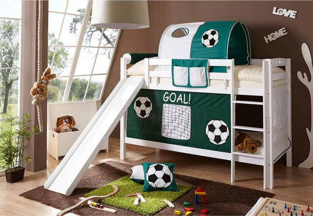 TiCAA Etagenbett Lupo für Kinder aus massiver Buche mit Rutsche, Weiß - Bild 1