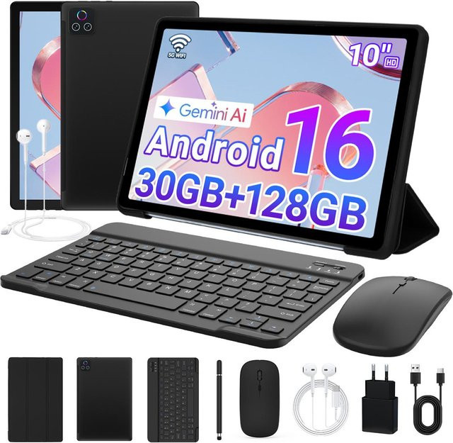 SHIXIU WU TRADE SAS Android 16 Tablet 10,1 Zoll mit 30 GB RAM und 128 GB ROM, inklusive Tastatur, Maus und Stift, schwarz - Bild 1