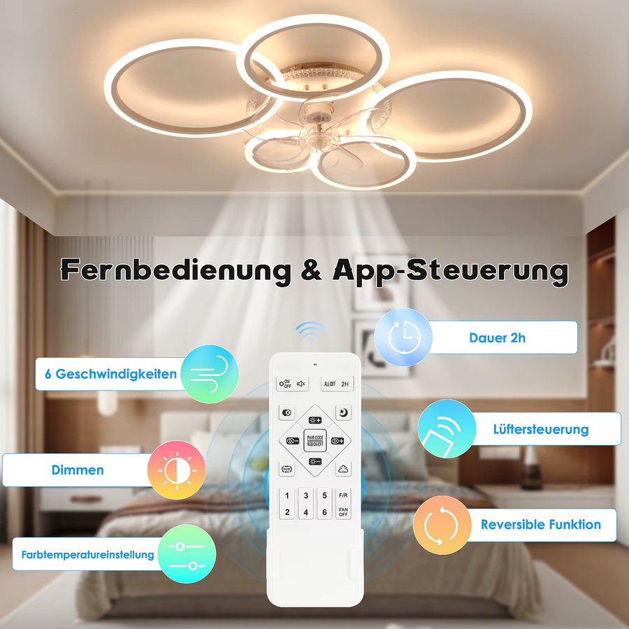 Oyajia RGB-Deckenventilator im 5-Ring-Design mit Fernbedienung und Timer, Weiß/Multicolor - Bild 4