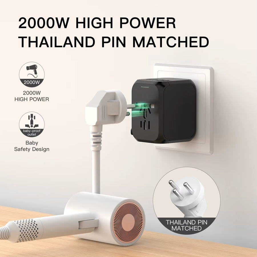 HKLAMIN Universeller Reiseadapter mit 2 USB-A und 2 USB-C Anschlüssen für Schnellladung, Internationaler All-in-One Stromadapter in Schwarz - Bild 4