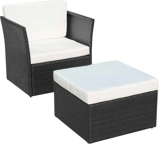 Furnicato Gartensessel mit Fußhocker aus Poly Rattan und pulverbeschichtetem Stahlgestell in Schwarz - Bild 1