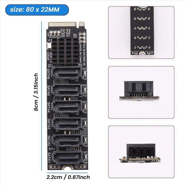 A23G1205 M.2 MKEY PCI-E Riser-Karte ASM1166 M.2 NVMe zu SATA 3.0 Erweiterungskarte mit 6 Ports in Schwarz - Bild 1