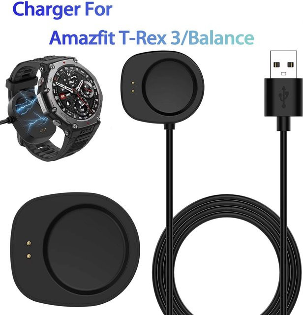 Magnetisches USB-Ladegerät für Amazfit T-Rex 3 und Balance Smartwatch, Ladestation Dock-Ständer mit USB-A und USB-C, Schwarz - Bild 1