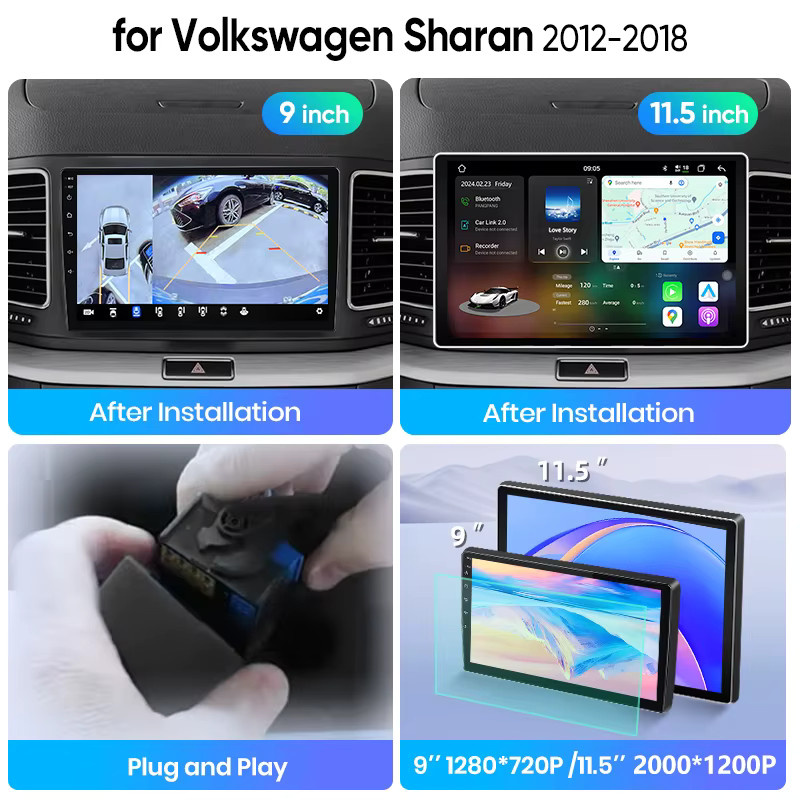 Junsun Wireless CarPlay Android 15 Autoradio für VW Volkswagen Sharan und Seat Alhambra 7N 2012-2018 mit GPS, WiFi, 4G, Bluetooth und 9,0 Zoll IPS Touchscreen in Schwarz - Bild 5