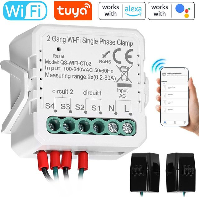 Tuya WiFi 2-Gang 80A Einphasen-Stromzähler für Solar PV mit bidirektionaler Messung und App-Steuerung, bunt - Bild 1