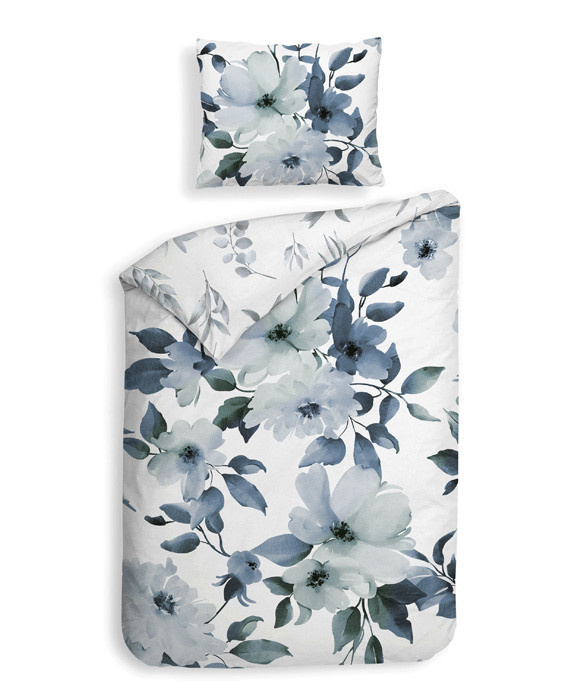 Heckett & Lane Mako-Satin Bettwäsche Kristoffer Blue Blau Weiß mit Blumenmuster, B/H: 135 x 200 cm und 80 x 80 cm - Bild 1