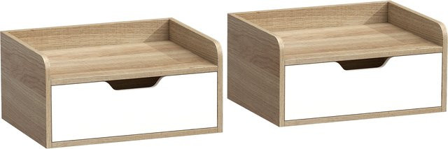 HOMCOM 2er-Set Wand-Nachttische mit Schublade und Ablage, moderner Stil, Weiß und Naturholz, B/T/H: 40 x 30 x 19,5 cm - Bild 1