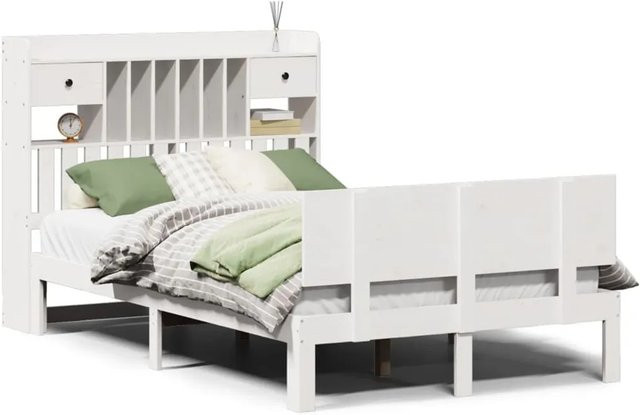 vidaXL Massivholzbett aus Kiefer mit Kopfteil und Regal in Weiß, B/T/H: 135 x 190 x 110 cm (ohne Matratze) - Bild 1