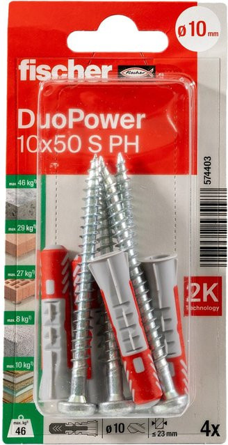 Fischer Universaldübel DuoPower S PH aus Nylon, Grau und Rot, Durchmesser: 10 mm, Länge: 50 mm, 4 Stück - Bild 1