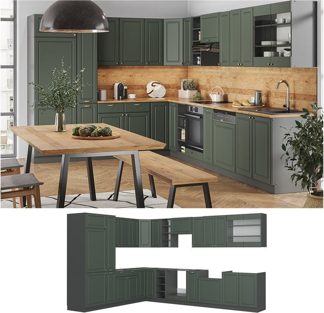 Vicco Eckküche Fame-Line Landhausstil in Anthrazit Grün Gold, B/T/H: 347 x 257 cm - Bild 1