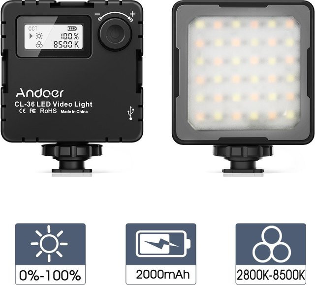 Andoer CL-36 Mini LED-Videoleuchte Schwarz, dimmbar, 2800 K–8500 K, mit integriertem Akku und LCD-Display - Bild 1