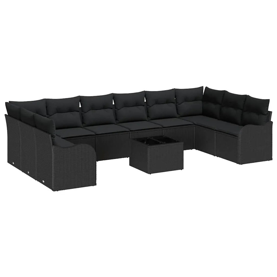 vidaXL Garten-Sofa-Set aus Poly-Rattan in Schwarz, 11-teiliges U-Shape Set mit Kissen und Tisch - Bild 2