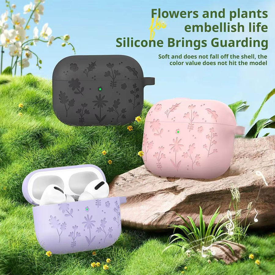 Stoßfeste Vollschutzhülle für Apple AirPods Pro 3 mit floraler Gravur und Reinigungsset in Blau inklusive Schlüsselanhänger - Bild 3