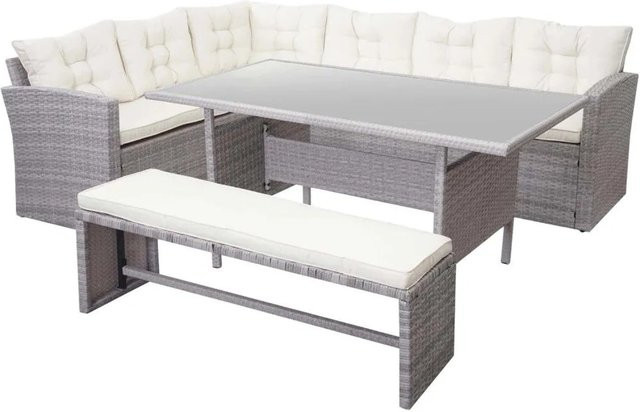 MCW Poly-Rattan Gartengarnitur A29 Lounge-Esstisch-Set in Hellgrau mit Bank und cremefarbenen Kissen - Bild 2