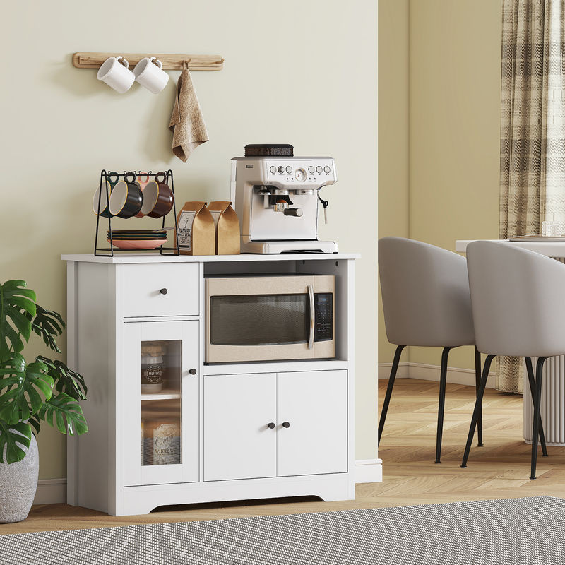 Aosom HOMCOM Küchenschrank Sideboard mit Mikrowellenregal, weißer Aufbewahrungsschrank mit 3 Türen, Schublade und verstellbaren Ablagen für Küche, Esszimmer oder Wohnzimmer - Bild 2