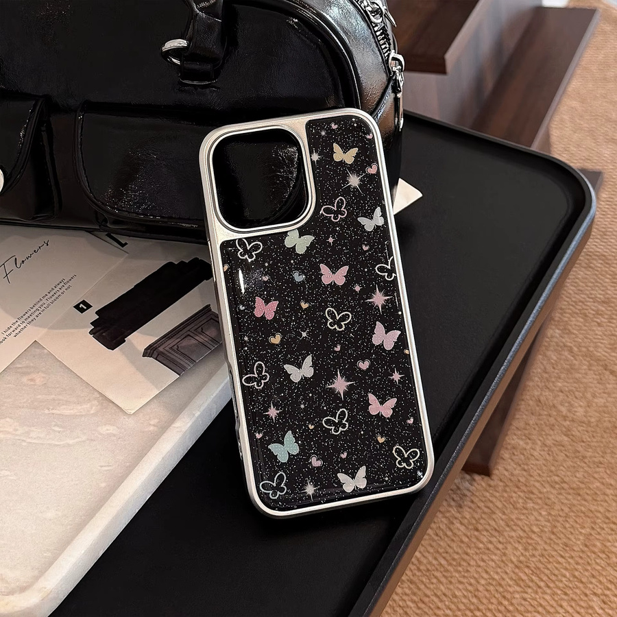MUQGEW Schmetterlings Handyhülle mit Glitzer und silberner Randbeschichtung für iPhone 12 bis iPhone 17 Pro Max, stoßfeste Hartschale, Multicolor/Silber - Bild 5