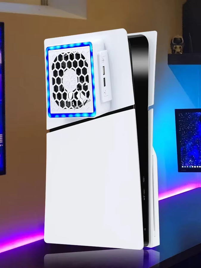 Hayoumon Seitenkühler für PS5 Slim mit LED-Beleuchtung und 2 USB-Anschlüssen in Weiß - Bild 6